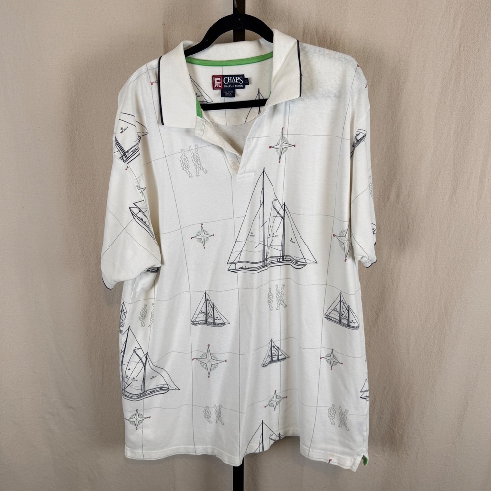Chaps Ralph Lauren Mens XL White Nautical Sailboat Compass Print Polo Shirt
